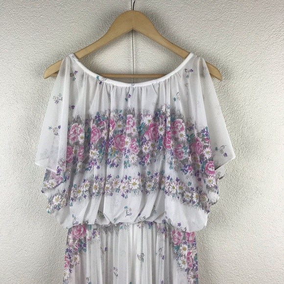 Vintage l 80s S Sheer Floral Daisy Cottagecore Flutter Sleeve Pleated Boho Dress - Picture 2 of 14